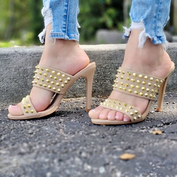 Shoes - Taupe Stiletto Heel Sandals Double Band Gold Studs Pull-On Shoes